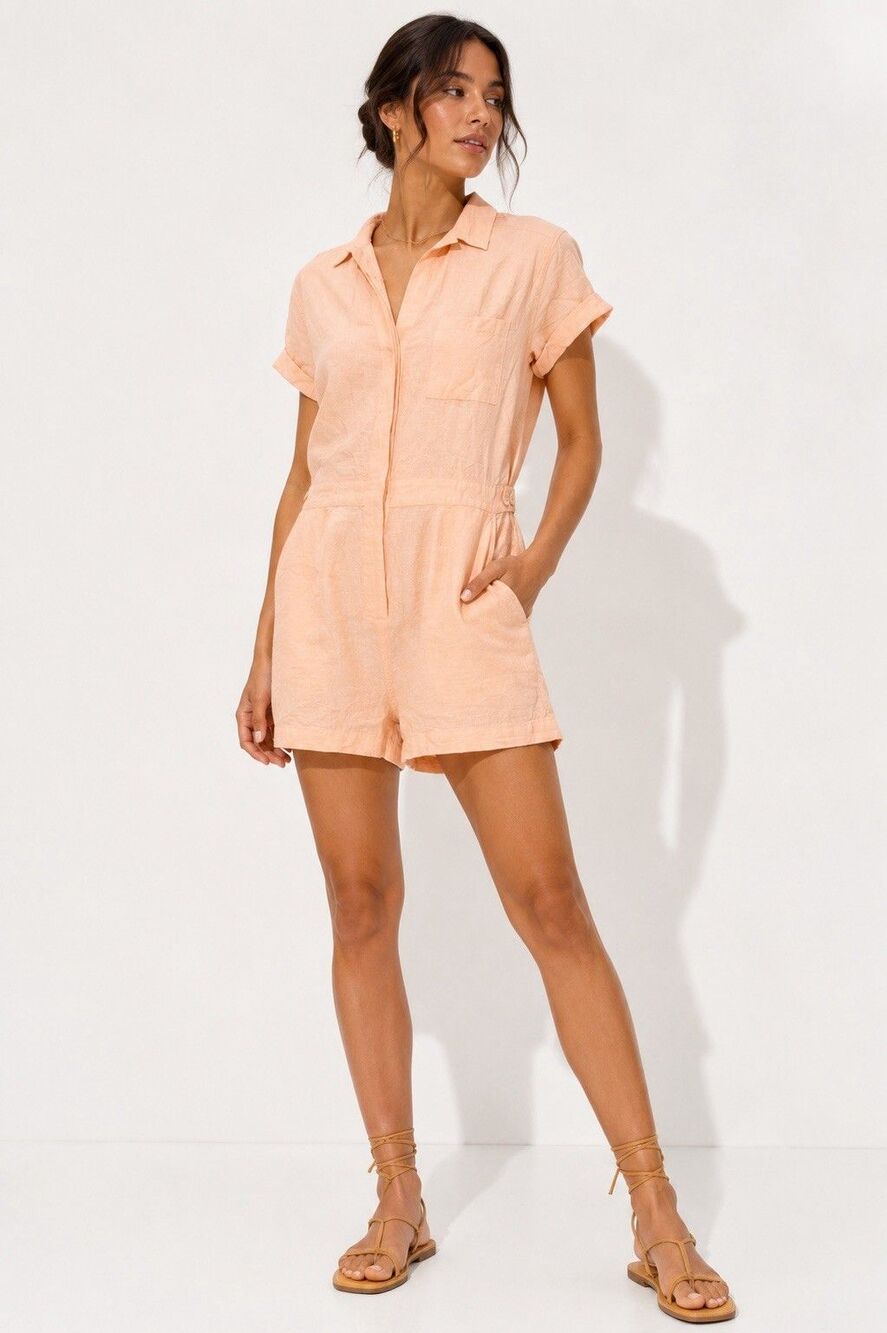 Carve Designs Peach Short Sleeve Linen Romper